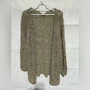 Coldwater Creek Brown Crochet Openfront Cardigan Size 1X 3/4 Sleeves Patterned